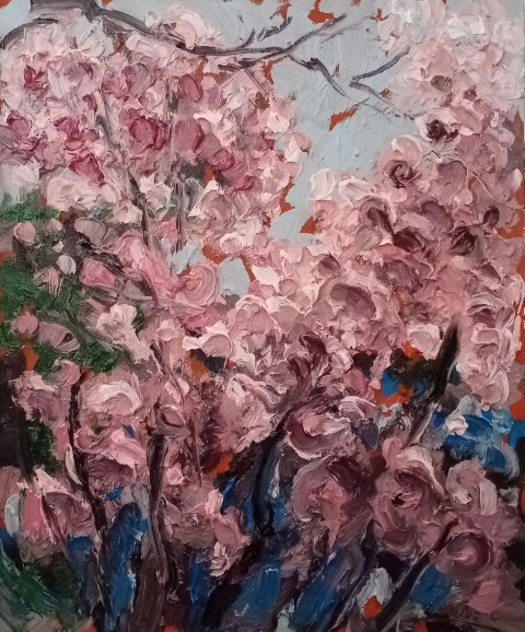 Cerisiers ciel couvert. Oil on canvas. 53 x 65 cm