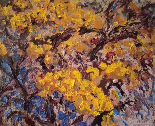 Branches de fleurs jaunes. Oil on canvas. 64 x 53