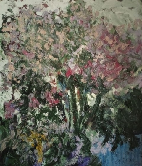 Arbre rose buissons jaunes. Oil on canvas. 53 x 47 cm