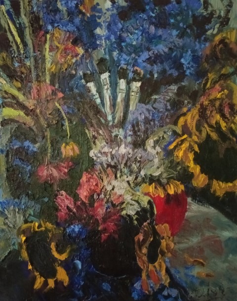 Bouquets fanés et pinceaux. Oil on canvas. 73 x 58 cm