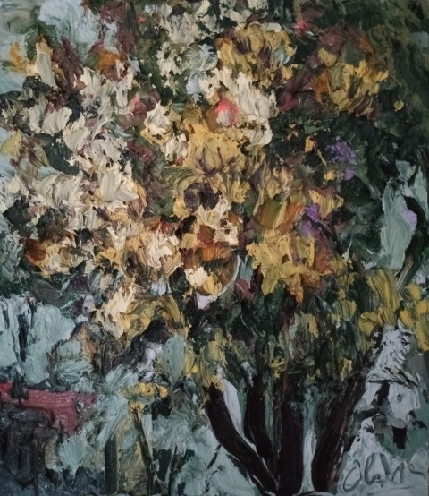 Arbre en fleurs fond gris. Oil on canvas. 53 X 47 cm