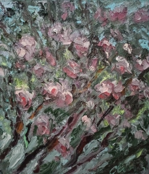 Arbre rose ciel sombre. Oil on canvas. 53 x 47 cm