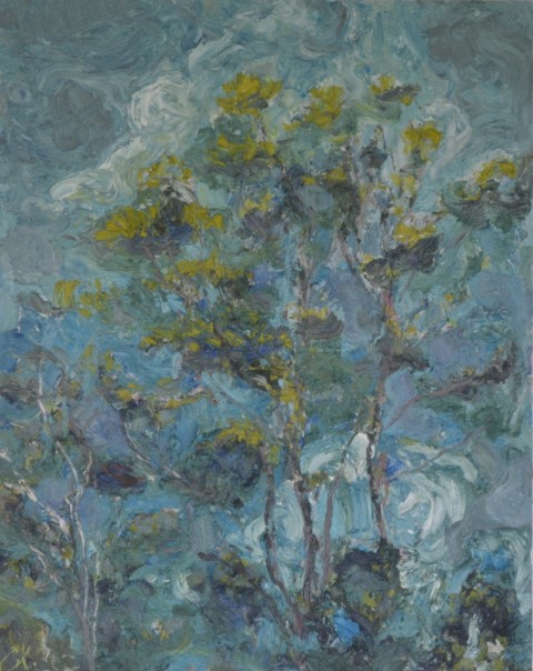 Jeunes arbres ciel turquoise. Oil on canvas. 90 x 75